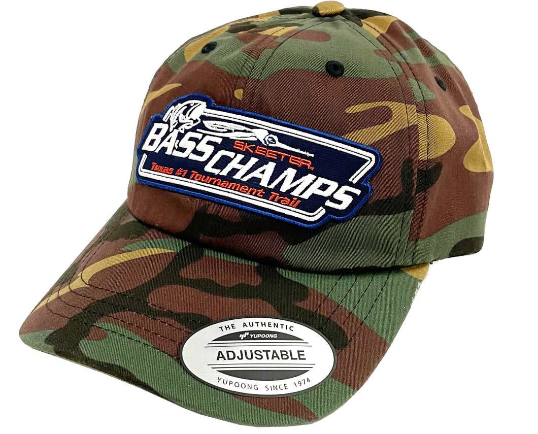 Dad Cap With Bass Champs Logo Patch in Camo, Pink Or Navy